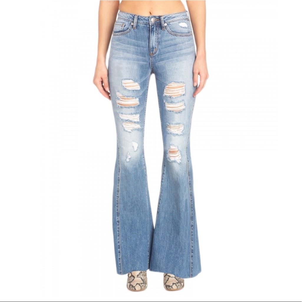 Miss Me Hi Rise Flare Distressed Jeans Light Wash